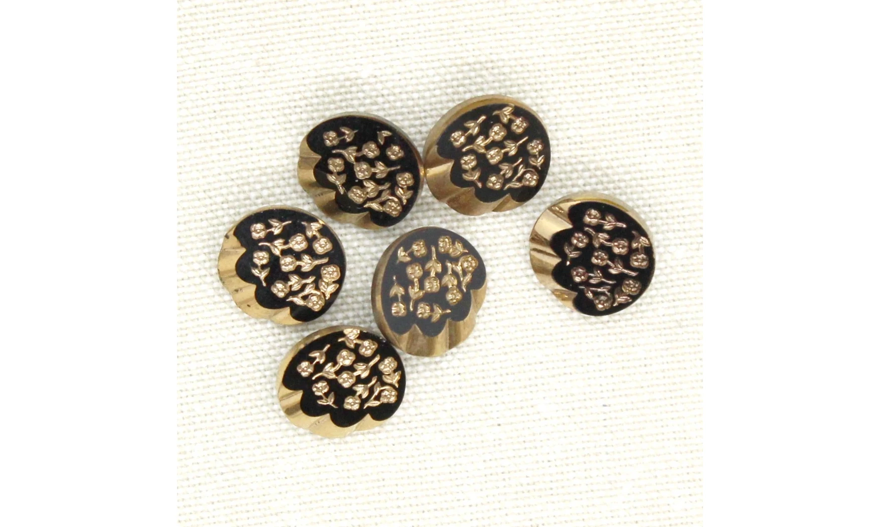 6 boutons / 13MM / Verre Noir "Fleurs"